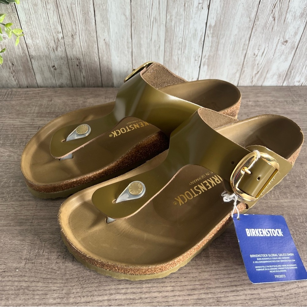 Birkenstock Gizeh Big Buckle High Shine Mud Green Khaki Sandals Boho New 39 - Picture 1 of 6